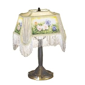 9"H Reverse Painted Fabric With Fringe Mini Lamp
