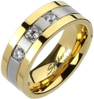 Size 9- Spikes Mens Solid Titanium 8mm Two-Tone Gold IP Cubic Zirconia Ring