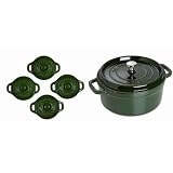 4 Qt Cast Iron Cocotte with 4 0.22qt Mini Ceramic Cocottes Basil