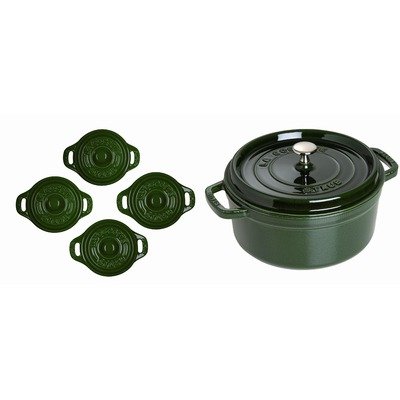 4 Qt Cast Iron Cocotte with 4 0.22qt Mini Ceramic Cocottes Basil product image