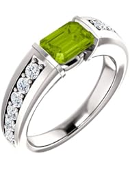 10K White Gold 7.00x5.00mm Emerald Cut Peridot and Diamond Ring -- LIFETIME WARRANTY