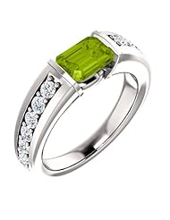 14K White Gold 7.00x5.00mm Emerald Cut Peridot and Diamond Ring -- LIFETIME WARRANTY