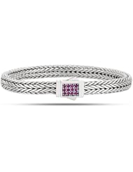 Rhodium Plated Foxtail Bracelet In Sterling Silver With Pink Sapphires