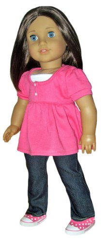 Pink Dot Sneaker Flats, Hot Pink Babydoll Top, and Jeans. Doll Clothes Fit 18