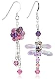 Original Design Pink - Violet Swarovski Crystal Dragonfly Uneven Dangle Sterling Silver Earring (3119)