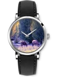SPRAWL Aanalog Fashion Series Silver Ladies Watches of Genuine Black Leather Strap,Unique Wrist Watch for Women Girls Designed with Horses in the field