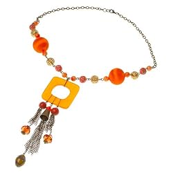 Orange Beaded Resin Pendant Necklace with Brass Beads