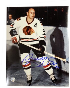 Bobby Hull Autographed Chicago Blackhawks White Jersey Signed Vertical 8x10 Photo (Frozen Pond Auth)