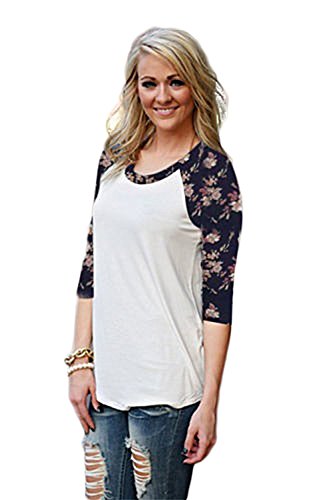 MIXMAX Women Contrast Color Floral Print 3/4 Sleeve Raglan T Shirt Tops
