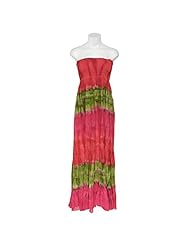 Strapless Tie Dye Print Cotton Empire   Waistline Crinkled Shirred Full-Skirt Maxi Dress 