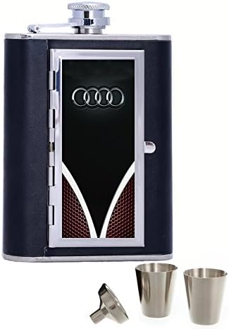Cool Audi S-Line Sport Car Logo Custom Personalized Printed 6oz Black Faux Leather Hip Flask