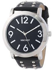 Nine West Womens NW/1493BKBK Silver-Tone Stud Accented Black Strap Watch