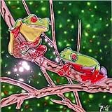 8" x 8" High Gloss Raised Image Unique Handcrafted Decorative Ceramic Artist Tile Wall Plaque With Hanger / Stand - Rain Forest Tree Frogs (BD-0151M)