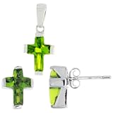 Sterling Silver Cross Pendant & Earrings Set, w/ August Birthstone Peridot-colored CZ Stones