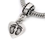 Antique'd Silver Foot Print On Heart Charm Dangle Bead