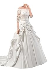 Bateau Neck Lace Vintage Satin Natural   Waistline Off the Shoulder Wedding Dress 