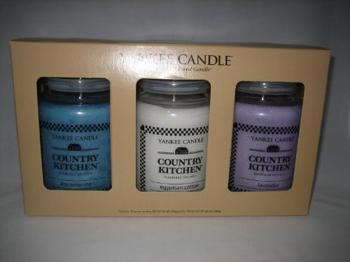 Yankee Candle Company Country Kitchen Jar Candle Set HUGE!- Gift Box of THREE! Aquamarine, Egyptian Cotton, and Lavender