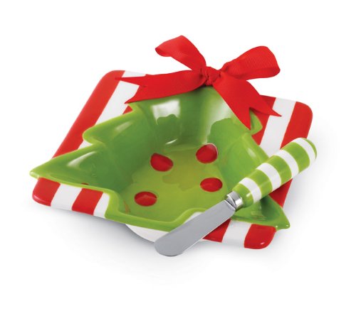 Mud Pie Home For The Holidays Evergreen-Shaped Ceramic Dip Bowl with Spreader