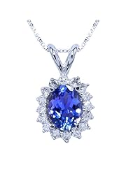 1.52 Ct 8x6mm Oval Natural Tanzanite and Diamond 14K White Gold Pendant 18"