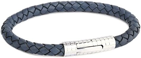 Braided Blue Genuine Leather Bracelet with Checkered Locking Stainless Steel Clasp, 8 ¼"