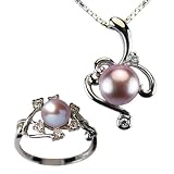 Entwining Vine Cultured Pearl Cubic Zirconia Platinum Overlay Sterling Silver Pendant Necklace 16" & Ring Set, Lavender