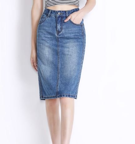 (ALLURE) デニム スカート ペンシルスカート タイト スリット ひざ丈 ミモレ丈 ブルー ライトブルー AF0510