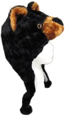Critter Cap Plush Black Bear Hat with Ear Flaps That Button Under the Chin