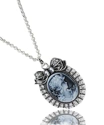 BIG BLING Retro Vintage Gray Cameo Pendant Necklace - 23" Silvertone Chain