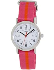 Timex Womens T2P0729J Weekender Pink Orange Stripe Slip Thru Nylon Strap Watch