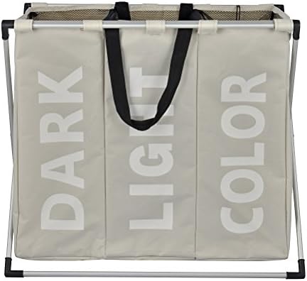 Laundry Hamper 3 Sections for Washing Bag with Aluminum X-Frame and 600D Oxford Bags,For Heavy-Duty Use in Home,College,Apartment,Beige-By Zomatch