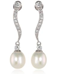 Sterling Silver White Oval Freshwater Cultured Pearl and Cubic Zirconia Dangle Earrings (8.5-9mm)