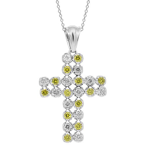14K White Gold Mens Diamond Cross Pendant with Yellow Diamonds 3.70 Ctw