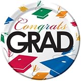 Creative Converting Big Value 50 Count Round Lunch Plates, Grad Cap Toss
