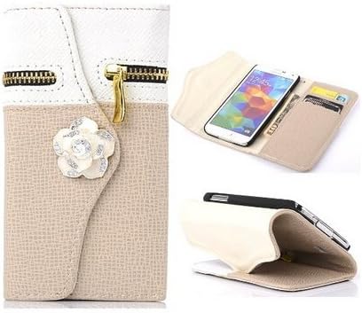 Ezydigital Luxury Zipper Leather Flip Wallet Hybrid Case With Rose Leather Case Cover For Samsung Galaxy S5,White/Beige
