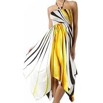 Swirl Design Satin Feel Beaded Halter Smocked Bodice Handkerchief Hem Dress (2 Colors)