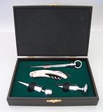 4 PC Wine Set in Wood Box, Two Stoppers, Deluxe Bar Tool Opener, & Wine Thermometer