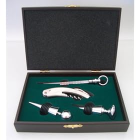 4 PC Wine Set in Wood Box, Two Stoppers, Deluxe Bar Tool Opener, and Wine Thermometer by Simple Luxuries