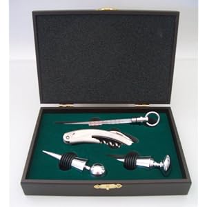 4 PC Wine Set in Wood Box, Two Stoppers, Deluxe Bar Tool Opener, and Wine Thermometer by Simple Luxuries