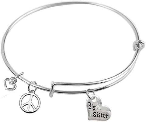 65 mm, Expandable Bangle bracelet with Big Sister, Peace Sign and Small Heart Charms, Qty:1