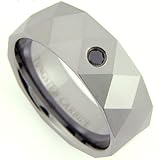 Tungsten Carbide Men's Ring Wedding Band 8MM Faceted All Polished Shiny In The Center Measures 3.31mm Center Stone-Black 0.08ct Diamond Comfort Fit (Available in Sizes 8 to 12)