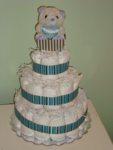 Baby Boy 3 Layer Bear in a Basket Diaper Cake - Come Decoratively Wrapped Making It a Great Gift or Shower Centerpiece - Other Gift Options Also Available