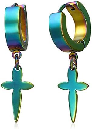 Huggie Style Tie Dye Finish Christian Cross Dangling Charm Hoop Earrings