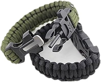 Survival Paracord Bracelet with Fire Starter, Magnesium Rod, Scraper and Whistle - Tactical Black and Army Olive Drab Green - 2 Pack