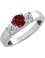 1.10 Ct Round Red Garnet and White Diamond 18k White Gold Ring