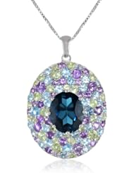Sterling Silver Multi Gemstone and Oval London Blue Topaz Pendant Necklace , 18"