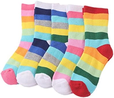 Exdream 5 Pairs-pack Girl Boy Toddler Kids Cotton Animal Printed Crew Socks (M (5-7 Years), Rainbow Stripes)