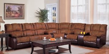 Sectional Recliner Sofa in Brown MicroFabric Dark Brown Vinyl