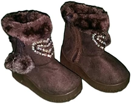 Rhinestone Heart Pom Pom Fashion Boots with Fur Top for Baby Toddler Girls (US Toddler 3M, Brown)