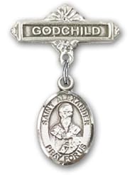 Sterling Silver Baby Badge with St. Alexander Sauli Charm and Godchild Badge Pin