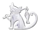 Cat with Fish Solid Sterling Silver Pin 6.6g